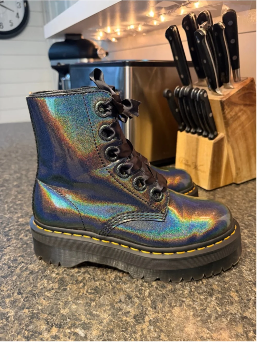 Dr Martens VEGAN MOLLY Iridescent RAINBOW PLATFORM BOOTS